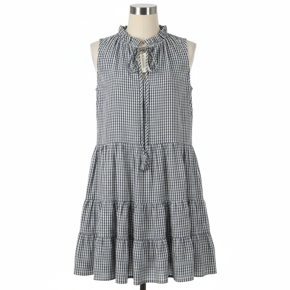 Womens XL Max Studio Dress Blue and White Gingham Sleeveless Tiered Dress